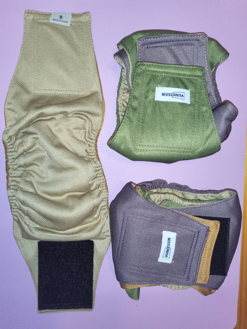 6 Vuncessin Small Velcro Adjustable Dog Belly Bands-Purple Olive Green & Khaki